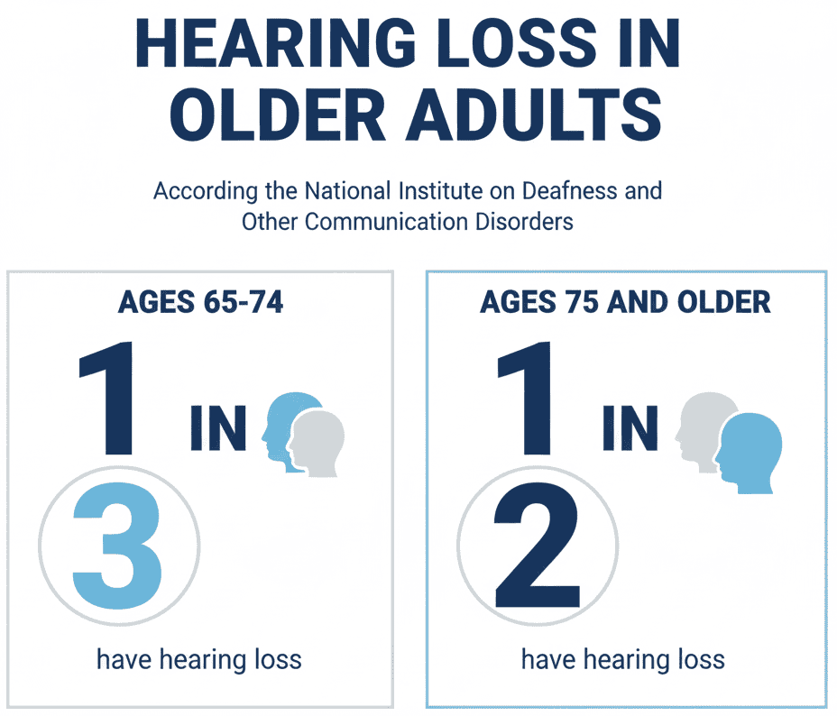 Hearing loss in Older Adults Chart. Ages 65 to 74, 1 in 3 adults have hearing loss. Ages 75 and up it's 1 in 2.